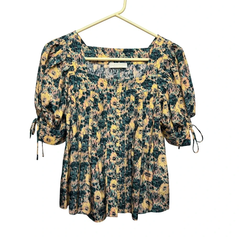 Ulla Johnson Silk Ikat Puff Sleeve Blouse‎ Yellow Teal SS22 Size 0 Feminine
